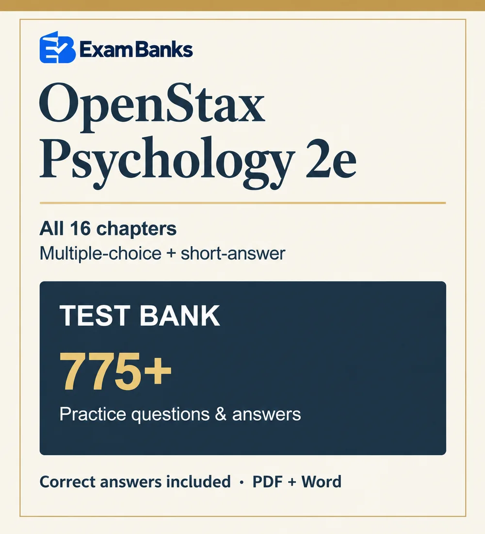 ExamBanks OpenStax Psychology 2e test bank download, with 775+ questions across all 16 chapters in PDF and Word.