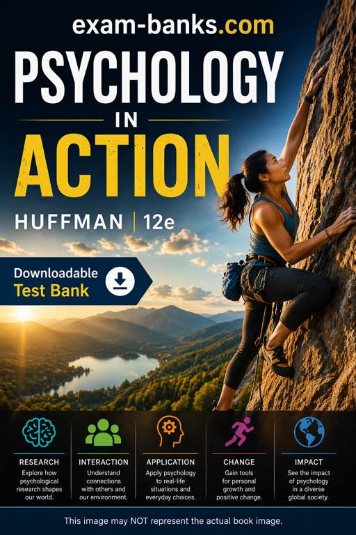 beautiful image showing test bank for Psychology in Action 12th Edition by Huffman, showcasing various psychological testing modules