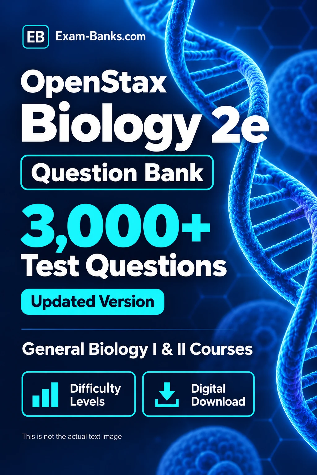 OpenStax Biology 2e test bank with 3,000+ questions and difficulty levels, illustrated by a blue DNA double helix.