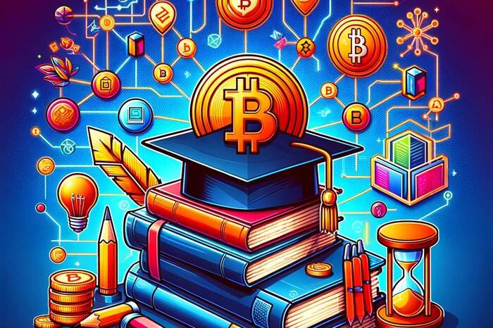 Illustration of educational symbols alongside cryptocurrency and blockchain icons, highlighting courses for learners at various levels