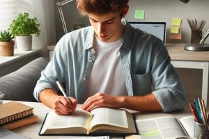 College student taking notes from an open textbook with highlighters, sticky notes, and a cup of coffee.