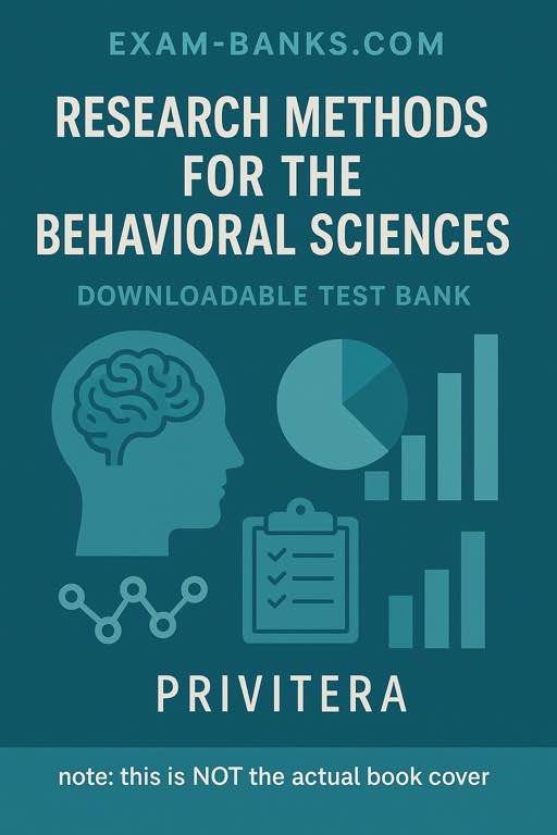 Test bank cover for Research Methods for the Behavioral Sciences by Privitera, 4e, built for students learning experimental and nonexperimental methods.