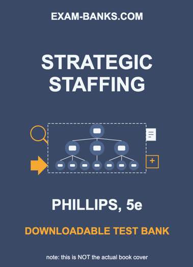 Cover of the Strategic Staffing test bank by Phillips, 5th Edition, with visuals representing workforce planning and hiring pipelines.