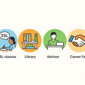 Icons representing ESL class, library, advisor support, and career services