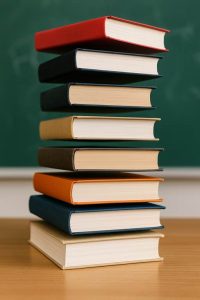 Stack of colorful textbooks on a desk with chalkboard background
