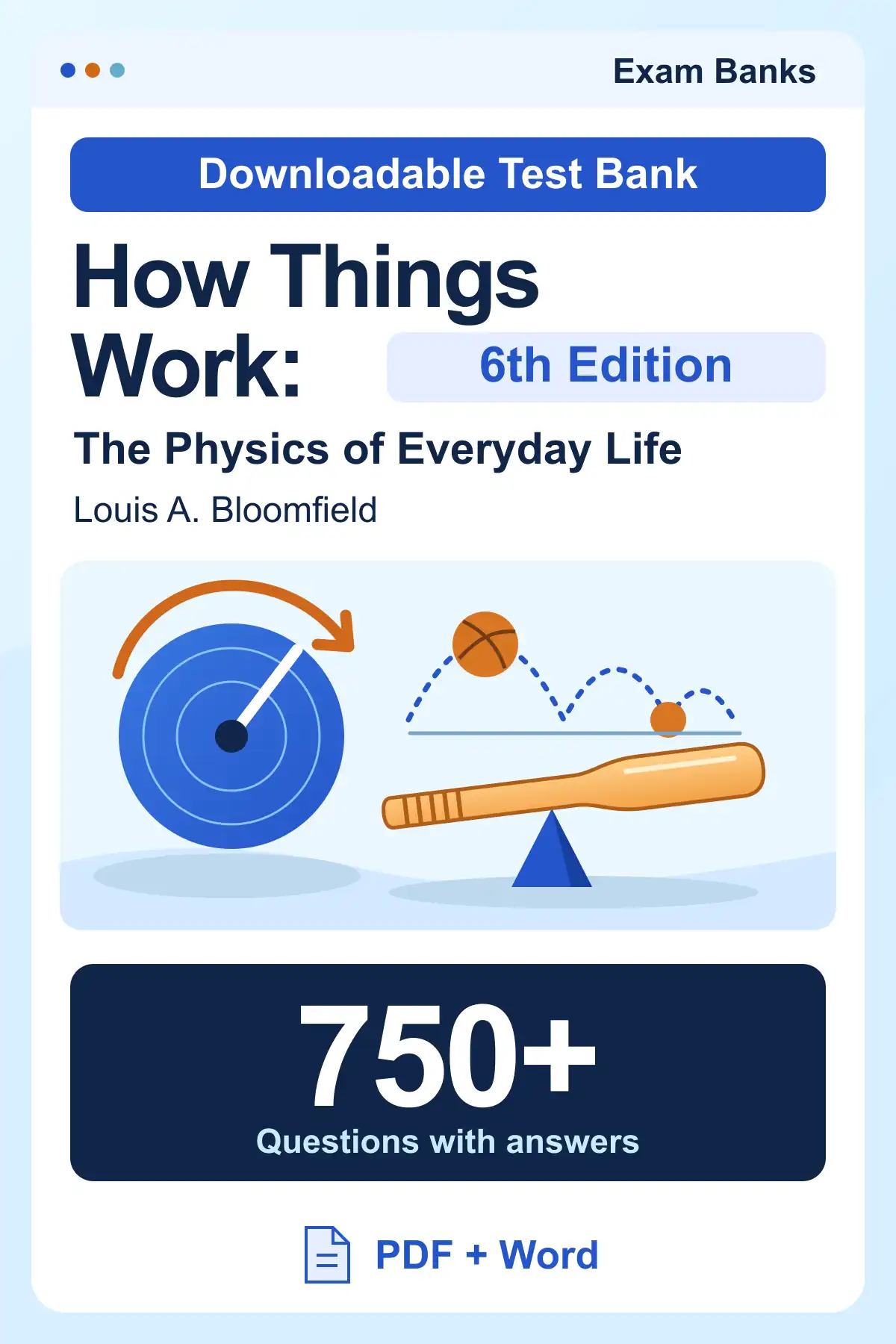 How Things Work 6e test bank digital study resource with 750+ questions, PDF and Word files, and illustrated everyday motion.