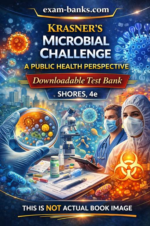 A scientist in protective gear examines a petri dish next to a microscope and a digital test bank for Krasner's Microbial Challenge 4th edition.
