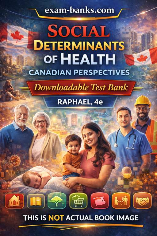 A cityscape with two Canadian flags flying above a diverse group of people, including a doctor, a construction worker, and a family, with a red test bank banner for Raphael 4th Edition.