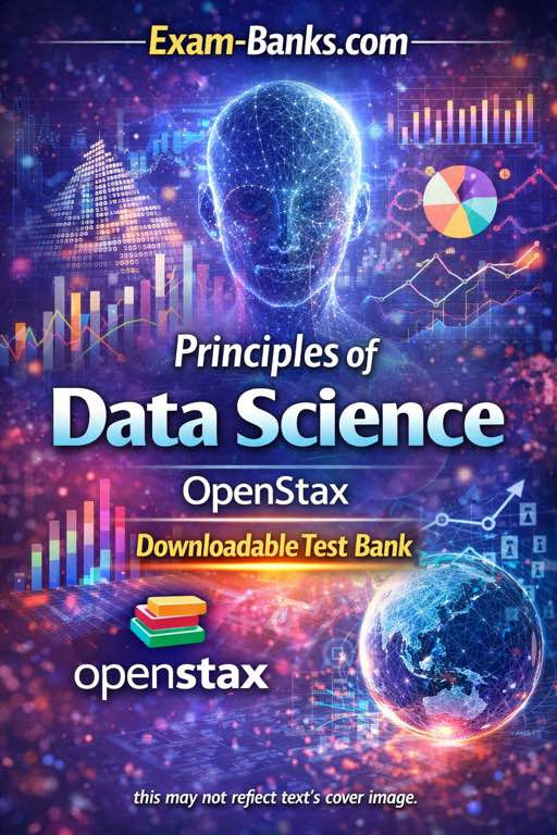 Principles of Data Science OpenStax test bank cover with digital head, charts, graphs, globe, and data visualization elements. Includes practice questions and answers.