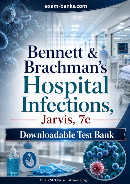 Hospital infections test bank cover illustration highlighting patient safety, infection control, and clinical exam practice.