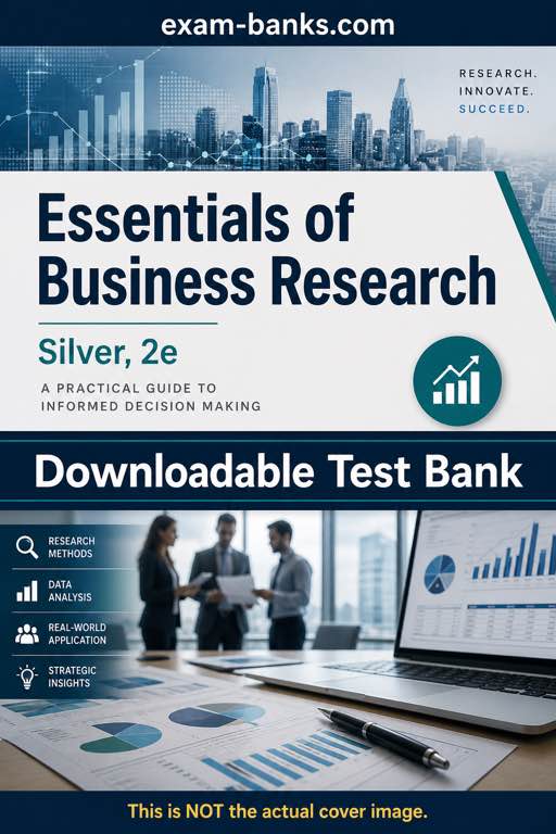 Illustrated business research test bank cover focused on surveys, data analysis, and exam practice.