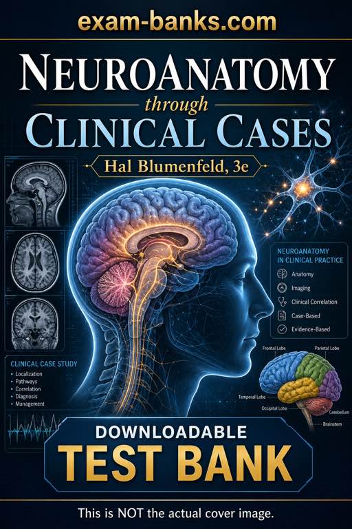 Clinical neuroanatomy test bank cover illustration highlighting brain pathways, radiologic imaging. This is an exam preparation material for college students.