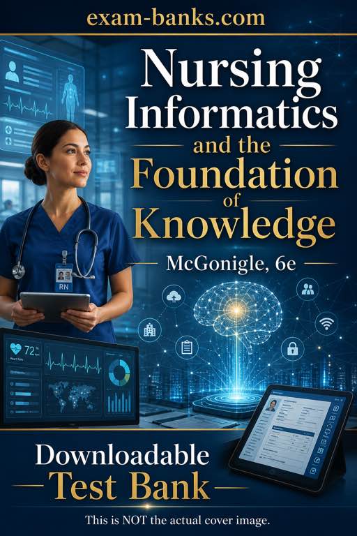 Illustrated nursing informatics test bank cover focused on EHRs, digital care systems, and exam review.