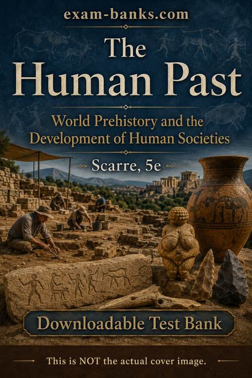 Archaeology-themed Test Bank cover for The Human Past by Scarre, 5e, created for exam-focused study practice.