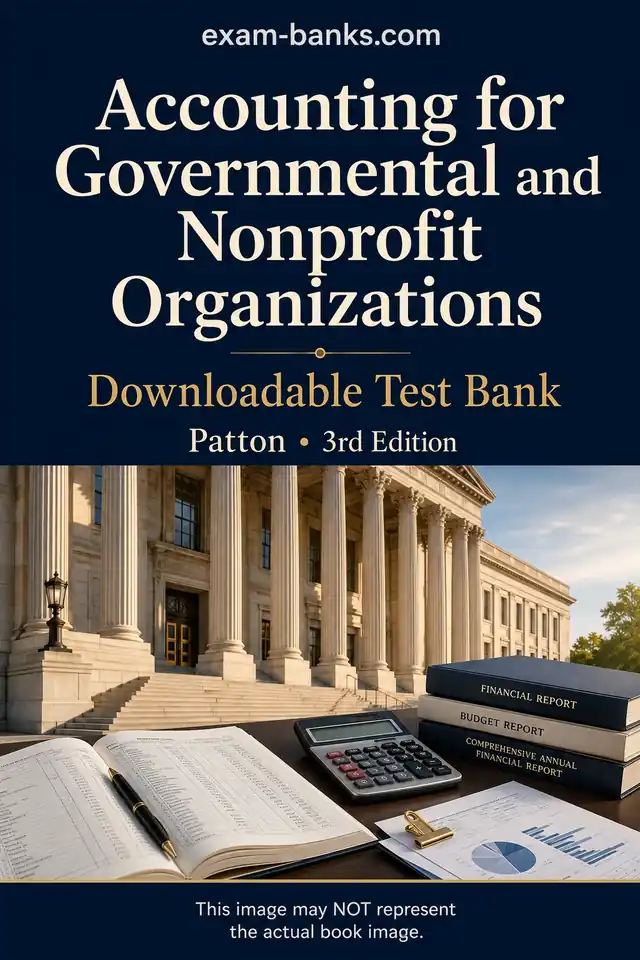 Accounting for Governmental and Nonprofit Organizations, Patton, 3rd Edition Test Bank cover featuring a government building, accounting ledger, and calculator.