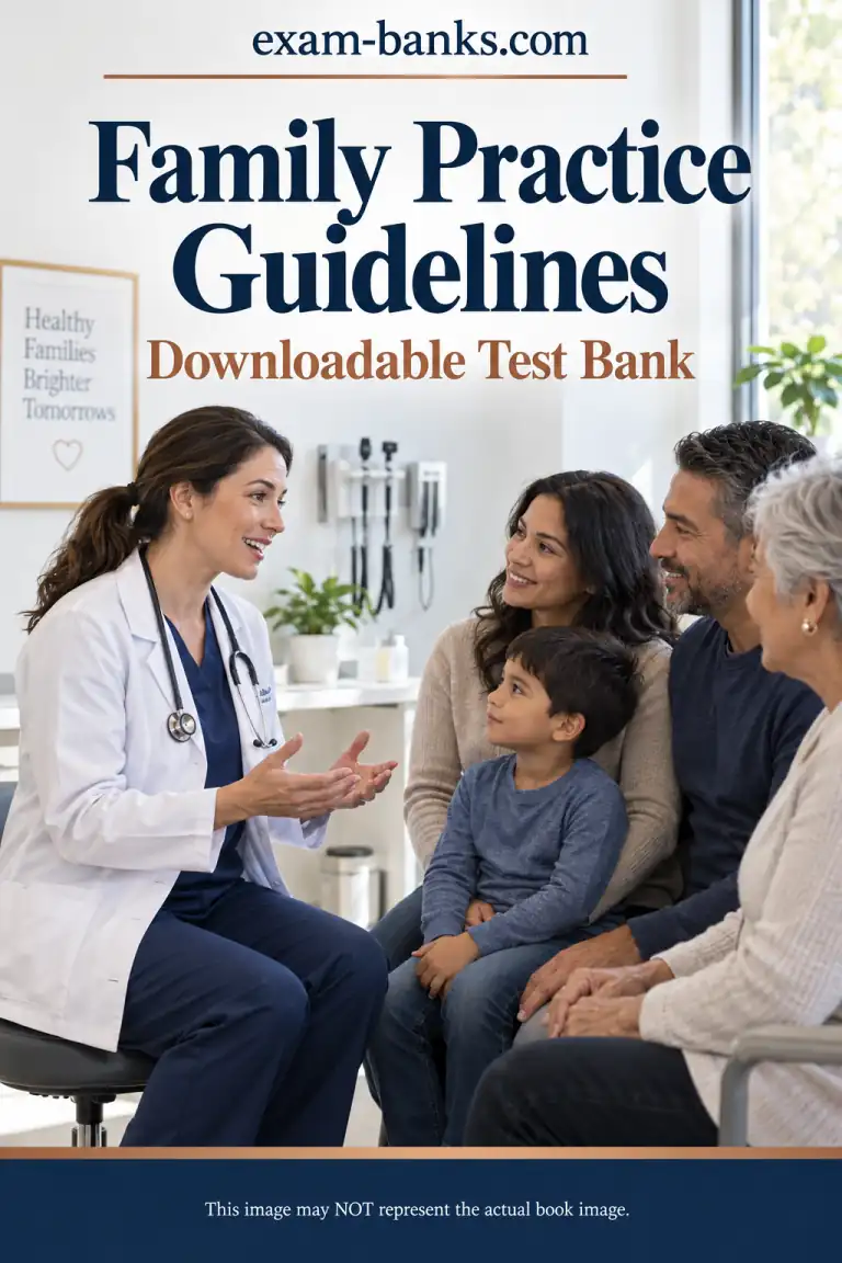 A nice test bank cover image. Family Practice Guidelines, Cash,7e. a resource containing pool of practice questions.